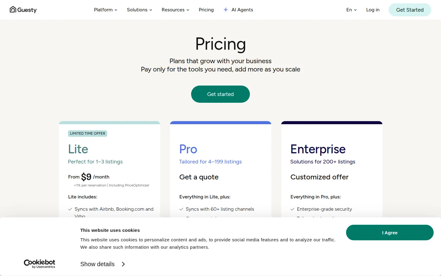 Guesty pricing page showing Lite Pro and Enterprise